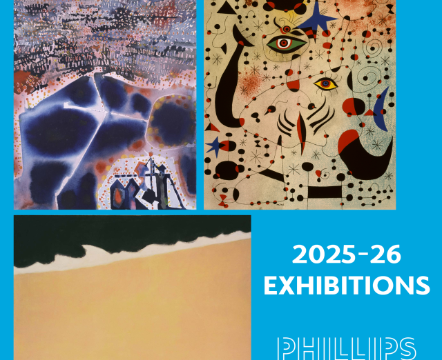 (Left to Right: Keith Crown, Midwestern Illinois Land, 1971, Watercolor on paper, 30 x 22 3/4 in., The Phillips Collection, Gift of Ray Kass, 1981; Joan Miró, Chiffres et contellations amoureux d'une femme from the Constellations Series, 1959, 18 3/4 x 15 in., Book with 1 lithograph and 22 reproductions heightened with pochoir, Fundació Joan Miró; Milton Avery, Black Sea, 1959, The Phillips Collection. Text reads '2025-26 Exhibitions' 